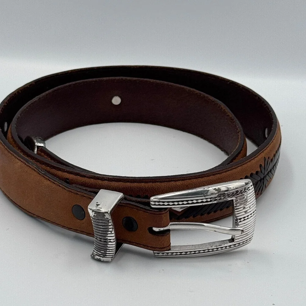 Brighton‎ Western Brown Leather Belt Engraved Buckle Metal Tip Cowboy Style